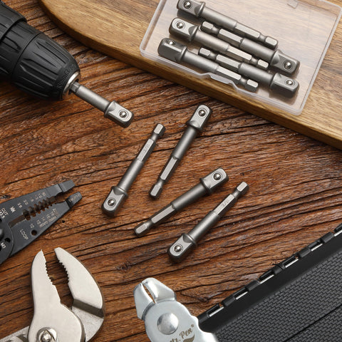 10-Piece Heavy Duty Impact Socket Adapter Set for Drills on wooden surface with tools, showing 3/8 inch square tip and 1/4 inch hex shank.