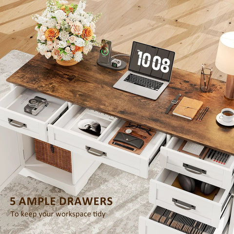 Top view of 55 Inch Farmhouse Style Computer Desk with drawers and file cabinet, USB charging station, white finish