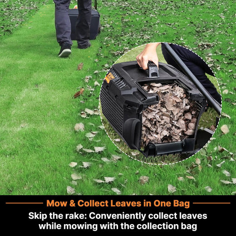 Person using Cordless Lawn Mower And Leaf Blower Combo With Two 4.0Ah Batteries And Charger No Cord Hassle 24V Max Power 13 Inch Cut