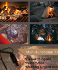 Collage of campfire cooking, camping scene, and Ferro Rod Survival Kit With Flint And Steel Fire Starter And Whistle Easy Grip.