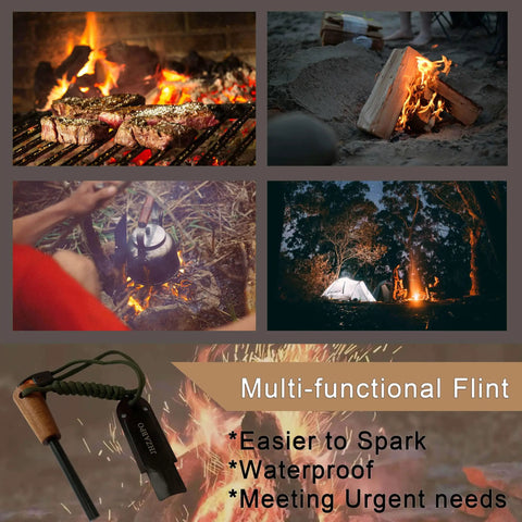 Collage of campfire cooking, camping scene, and Ferro Rod Survival Kit With Flint And Steel Fire Starter And Whistle Easy Grip.