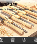 Eight Piece Wood Lathe Chisel Set With M2 HSS Blades And Ten Inch Solid Hardwood Handles on wood shavings.