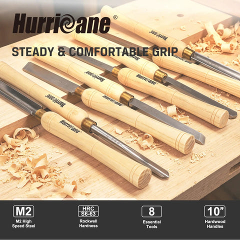 Eight Piece Wood Lathe Chisel Set With M2 HSS Blades And Ten Inch Solid Hardwood Handles on wood shavings.