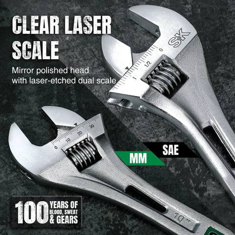 Close-up of Three Piece Adjustable Wrench Set 6 Inch 8 Inch 10 Inch Chrome Vanadium Steel SAE And Metric Scales Heavy Duty
