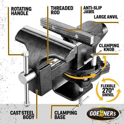 Beefy 6 Inch Bench Vise With Forged Steel Construction, Built In Pipe Jaw And Swivel Base, Clamp On Or Bolt On Mount, Table Vise For Woodworking, Home Shop Use And Diy Projects, cast steel body