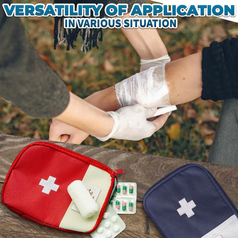 Two Pack Grab And Go Travel First Aid Bag Set With Zippered Compartments Portable Small Medical Pouch Water Resistant 7.1x5.1 Inch Kit For Camping And Hiking Outdoor Adventures Quick Access First Aid Organizer, displayed with red and blue pouches on a wooden surface with medical supplies visible.