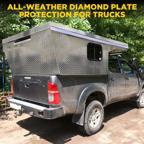 Diamond Tread Aluminum Sheet Metal installed on a truck for all-weather protection, DIY friendly, easy cut for trucks and trailers.
