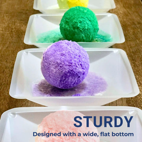 Disposable 330mL Weigh Boats Pack Of 125 Large Plastic Weighing Dishes For Lab Use Food Safe Antistatic Polystyrene Great For Measuring Powders Liquids Supplements And Food Samples With Easy Cleanup, with colored powder samples
