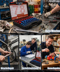 78 Piece Nut And Bolt Thread Checker Set Featuring 41 Sae And 37 Metric Threads on a workbench for auto mechanics.