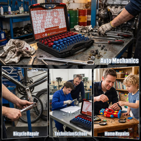 78 Piece Nut And Bolt Thread Checker Set Featuring 41 Sae And 37 Metric Threads on a workbench for auto mechanics.