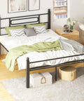 Top Shelf Black Metal Full Bed Frame With Headboard And Steel Slat Base Built Like A Tank For Solid Stability Plus Deep Under Bed Storage in a cozy bedroom setting.