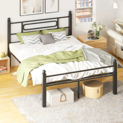 Top Shelf Black Metal Full Bed Frame With Headboard And Steel Slat Base Built Like A Tank For Solid Stability Plus Deep Under Bed Storage in a cozy bedroom setting.