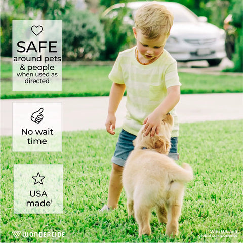 Child playing with dog outdoors, emphasizing safety of Natural Outdoor Pest Control Spray With Essential Oils Kills Mosquitoes Ants Fleas Ticks And More Repels Pests And Keeps Your Yard Safe Around Pets And Kids 32 Oz.