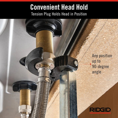 Fold Over Basin Adjustable Pipe Wrench 10 To 17 Inch Telescoping Shank With One Hand Ratcheting Grip in use under sink