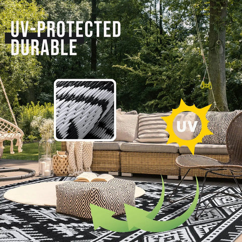 Waterproof Reversible Outdoor Rug 5x8 Ft Made From Recycled Plastic Straws Dope Boho Black And White Patio Carpet UV protection