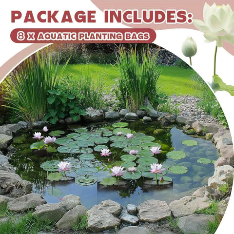 Small Pond Plant Baskets With Breathable Aquatic Plant Bags for home pond with lily and hyacinth visible