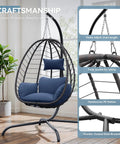 Foldable Egg Chair With Stand For Indoor And Outdoor Use Wicker Rattan Swing Chair 485 Lbs Capacity Strong Iron Frame UV Resistant Cushion Patio Balcony Blue in a sunlit room