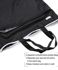 Close-up of huge hanging wet dry cloth diaper bag in black showing zippers, PUL fabric, and handles for easy carry.