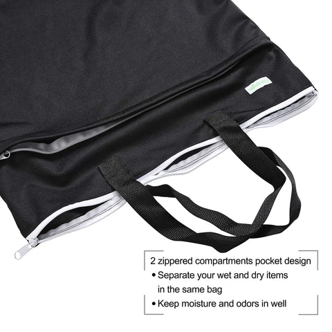 Close-up of huge hanging wet dry cloth diaper bag in black showing zippers, PUL fabric, and handles for easy carry.