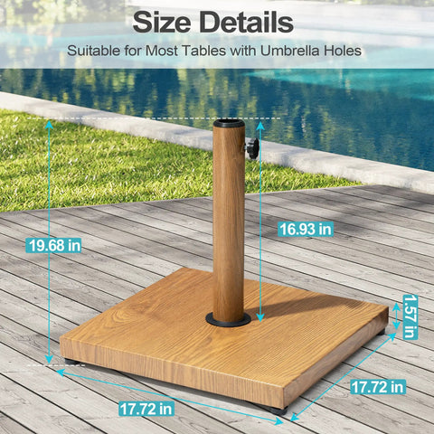 Beefy 43 Lb Concrete Patio Umbrella Base Teak Brown Square Outdoor Stand next to pool, showing dimensions and pole height suitable for 6 to 12 ft market umbrellas.