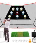 Golfer using 10x7 Ft Golf Practice Net With Scoring Targets, Tri Turf Mat, Carrying Bag, Tee, Balls And Scorecard for backyard practice