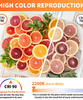 Sliced citrus fruits on a tray showing color contrast under different CRI levels, illustrating brightness for dimmable LED oversized Edison bulbs with amber glass finish.