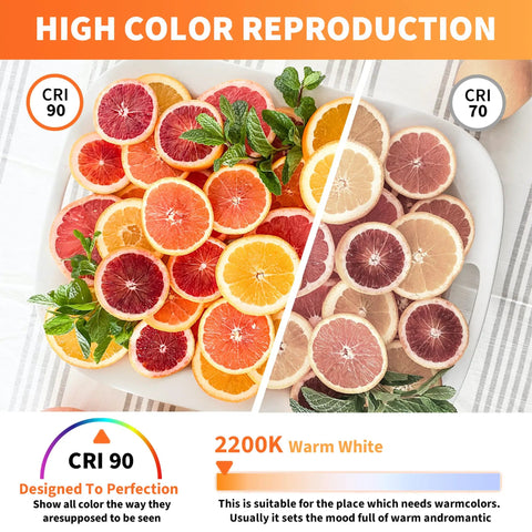 Sliced citrus fruits on a tray showing color contrast under different CRI levels, illustrating brightness for dimmable LED oversized Edison bulbs with amber glass finish.