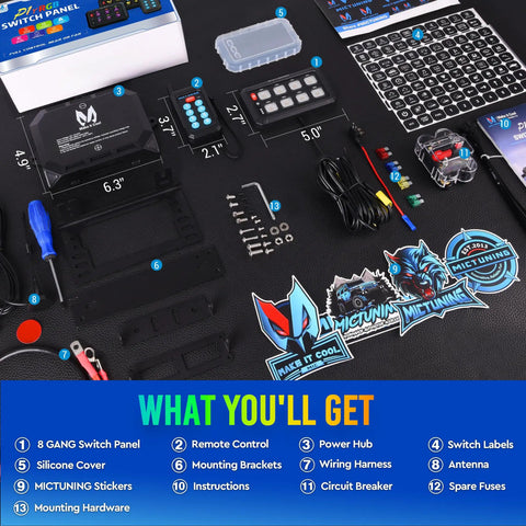 8 Gang Switch Panel With Wireless Remote Control From Up To 230 Feet Pair With Up To 5 Panels showing box and components