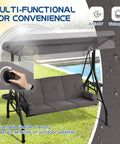 Gray Three Seat Patio Swing With Adjustable Canopy And Stand Heavy Duty Outdoor Porch Glider Bench beside pool