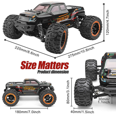 One Sixteen Scale Two Point Four GHz 4x4 Off Road RC Monster Truck Waterproof Ready To Run With Dual Batteries Delivers Over 35 Minutes Of Play For Kids And Adults Rough Terrain Thrills With Top Speed Up To 36 KmH, dimensions highlighted