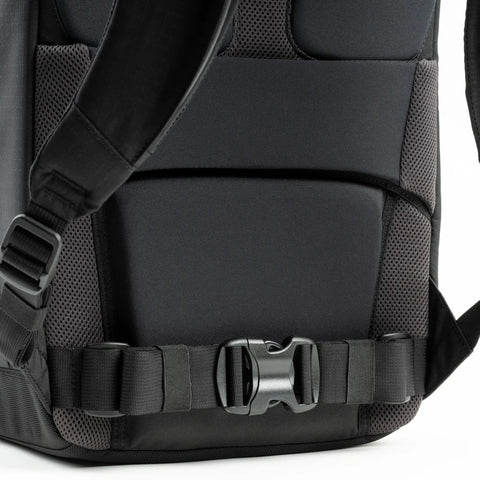 Close-up of adjustable buckle and dual-density straps on 30L Camera Backpack For Photography And Video Gear With Full Front Panel Access Ultra Comfortable Dual Density Straps And Contoured Back Panel For All Day Comfort On The Go On Urban Trails And Outdoor Adventures.