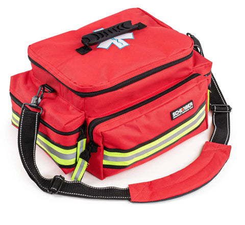 Scherber red first-responder medical bag with reflective stripes, multiple zippered pockets, and a shoulder strap