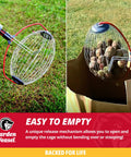 Workhorse Yard Cleanup Roller With Roomy Collection Bin showing easy release mechanism on grass with debris.