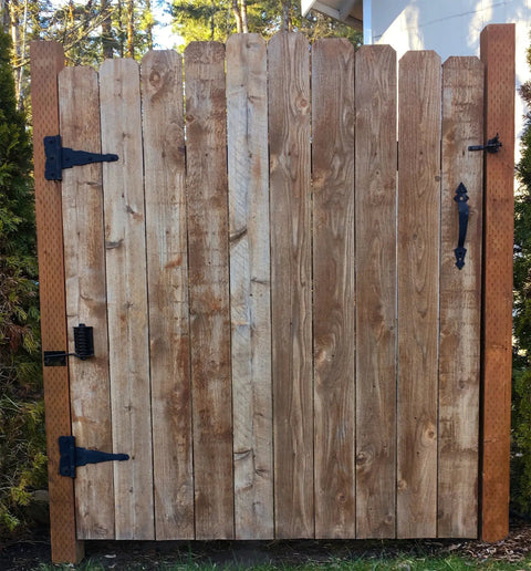 Wooden gate with black hardware featuring Flat Gate Closer Self Closing Adjustable Gate Spring For Wood And Vinyl Gates Ideal For Yard Pool And Dog Gates Powder Coated Outdoor Hardware Made In USA