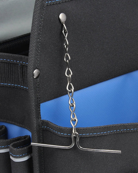 Heavy Duty Professional Tool Carrier With Thirty Four Pocket Layout showing chain and hook detail on durable black material.