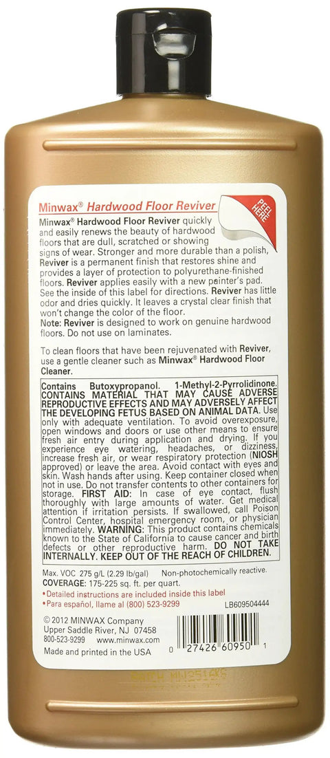 Back of 32 oz bottle showing label details of Hardwood Floor Reviver High Gloss Topcoat 32 Oz Make Floors Look New Again Renew Dull Finish.