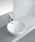 Vitreous China Bathroom Vessel Sink In White, Durable Chemical And Heat Resistant Vessel Basin, 18 11/16 In Long, 14 3/4 In Wide, 6 5/16 In High, ASME A112.19.2 Compliant, Drain Not Included, installed on a modern bathroom vanity.