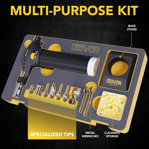 Butane Torch Multi-Function Kit with Self Igniting Soldering Station and Adjustable Flame Pro Grade 125-Watt shown in box