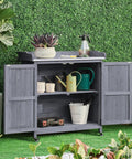 Mobile Outdoor Potting Bench Table With Castors On Wheels Solid Wood Workstation And Large Storage Cabinet Gray