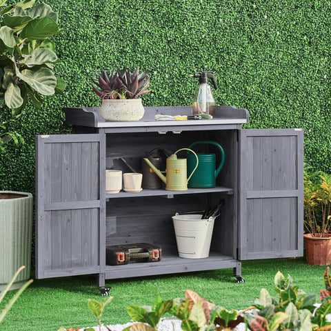Mobile Outdoor Potting Bench Table With Castors On Wheels Solid Wood Workstation And Large Storage Cabinet Gray