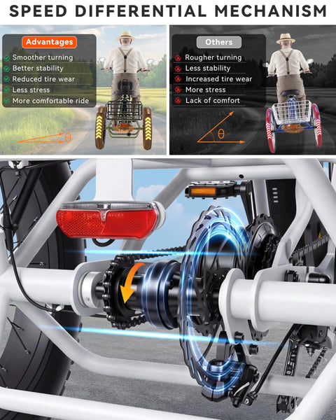 Electric Tricycle For Adults With 749W Motor And 48V Battery, fat tire 3 wheel trike with rear differential and drive assembly