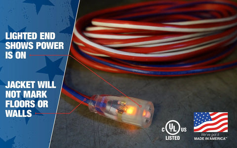 Heavy Duty Outdoor Indoor Extension Cord 100 Foot 12/3 SJTW With Beefed Up Contractor Grade Durability UL Certified All Weather Jacket Red White Blue Built For Tough Jobsite Power, with lighted end and patriotic color design.