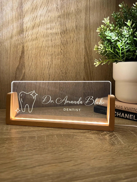 Custom Name And Title Desk Name Plate With LED Light Wood Holder For Dentist Doctor Hygienist Nurse Front Desk Sign Plaque Custom Engraving For Office Decor And Pro Gift