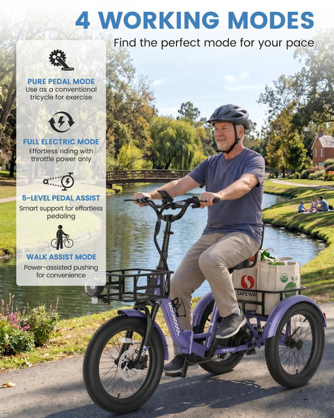 500W Electric Tricycle For Adults With 20 Inch Fat Tire Folding Trike, Three Wheel Stability With Rear Differential, Front Suspension And Hydraulic Disc Brakes, Easy Ride For Beginners And Seniors, rider on path