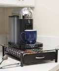 Vertuoline Coffee Pod Holder With Tempered Glass Drawer Deluxe Size Holds Up To 40 Pods For VertuoLine Capsules on countertop