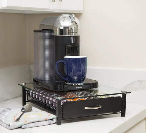 Vertuoline Coffee Pod Holder With Tempered Glass Drawer Deluxe Size Holds Up To 40 Pods For VertuoLine Capsules on countertop