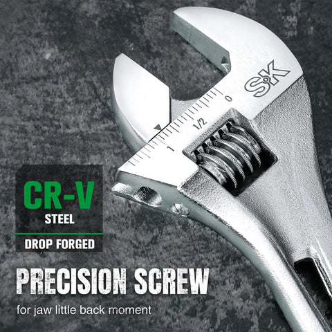 Close-up of an adjustable wrench from the Three Piece Adjustable Wrench Set 6 Inch 8 Inch 10 Inch Chrome Vanadium Steel SAE And Metric Scales