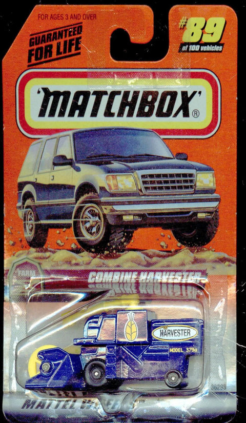 Blue And Yellow Farm Combine Harvester Diecast Toy One To Sixty Four Scale For Collectors And Kids in Matchbox Package