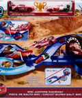 Box cover of GRC Jumping Raceway Track Set With Kid Powered Booster And Lightning McQueen And Francesco Bernoulli Cars For Action Packed Racing Playtime