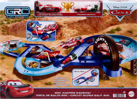 Box cover of GRC Jumping Raceway Track Set With Kid Powered Booster And Lightning McQueen And Francesco Bernoulli Cars For Action Packed Racing Playtime